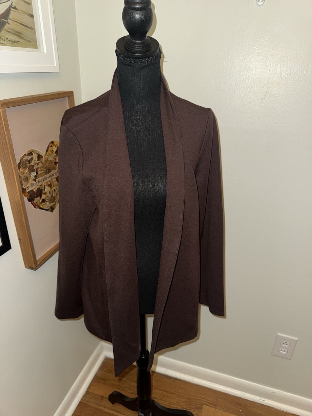 Eileen Fisher M Medium Brown Draped Open Front Blazer Jacket Knit Cardigan Luxe